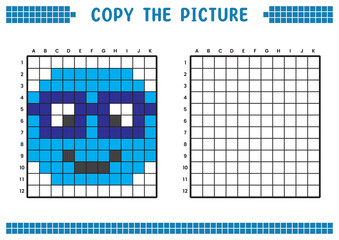 Fototapeta premium Copy the picture, complete the grid image. Educational worksheets drawing with squares, coloring areas. Children's preschool activities. Cartoon vector, pixel art. Illustration of face with glasses.