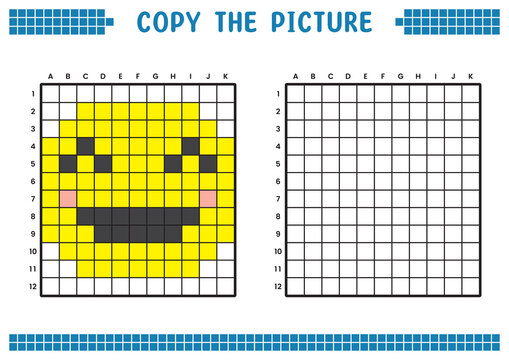 Copy the picture, complete the grid image. Educational worksheets drawing with squares, coloring cell areas. Children's preschool activities. Cartoon vector, pixel art. Illustration of a smiling face.