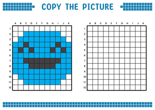 Copy the picture, complete the grid image. Educational worksheets drawing with squares, coloring cell areas. Children's preschool activities. Cartoon vector, pixel art. Illustration of a smiling face.