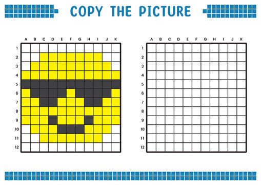 Copy the picture, complete the grid image. Educational worksheets drawing with squares, coloring areas. Children's preschool activities. Cartoon vector, pixel art. Illustration of a face with glasses.