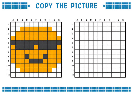 Copy the picture, complete the grid image. Educational worksheets drawing with squares, coloring areas. Children's preschool activities. Cartoon vector, pixel art. Illustration of a face with glasses.