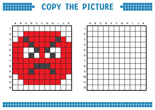 Copy the picture, complete the grid image. Educational worksheets drawing with squares, coloring cell areas. Children's preschool activities. Cartoon vector, pixel art. Angry face illustration.