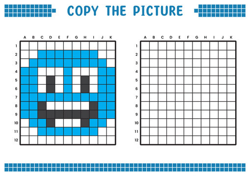 Copy the picture, complete the grid image. Educational worksheets drawing with squares, coloring areas. Children's preschool activities. Cartoon vector, pixel art. Illustration of happy expression.