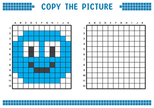 Copy the picture, complete the grid image. Educational worksheets drawing with squares, coloring cell areas. Children's preschool activities. Cartoon vector, pixel art. Illustration of a smiling face.