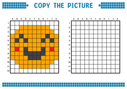 Copy the picture, complete the grid image. Educational worksheets drawing with squares, coloring areas. Children's preschool activities. Cartoon vector, pixel art. Happy smiling face illustration.