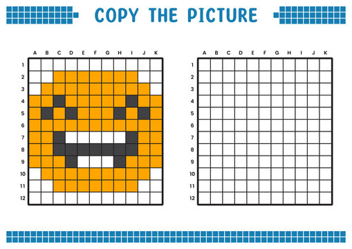 Copy the picture, complete the grid image. Educational worksheets drawing with squares, coloring cell areas. Children's preschool activities. Cartoon vector, pixel art. Illustration of laughing face.