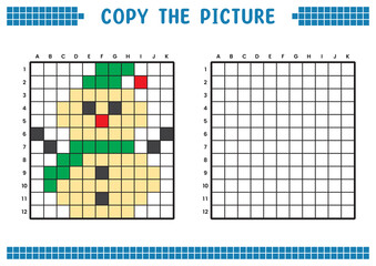 Copy the picture, complete the grid image. Educational worksheets drawing with squares, coloring cell areas. Children's preschool activities. Cartoon vector, pixel art. Illustration of a snowman.