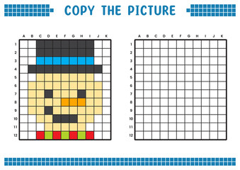 Copy the picture, complete the grid image. Educational worksheets drawing with squares, coloring cell areas. Children's preschool activities. Cartoon vector, pixel art. Illustration of a snowman.