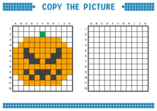 Copy the picture, complete the grid image. Educational worksheets drawing with squares, coloring cell areas. Children's preschool activities. Cartoon vector, pixel art. Halloween pumpkin illustration.