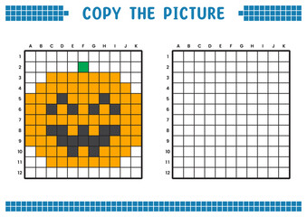 Fototapeta premium Copy the picture, complete the grid image. Educational worksheets drawing with squares, coloring cell areas. Children's preschool activities. Cartoon vector, pixel art. Halloween pumpkin illustration.