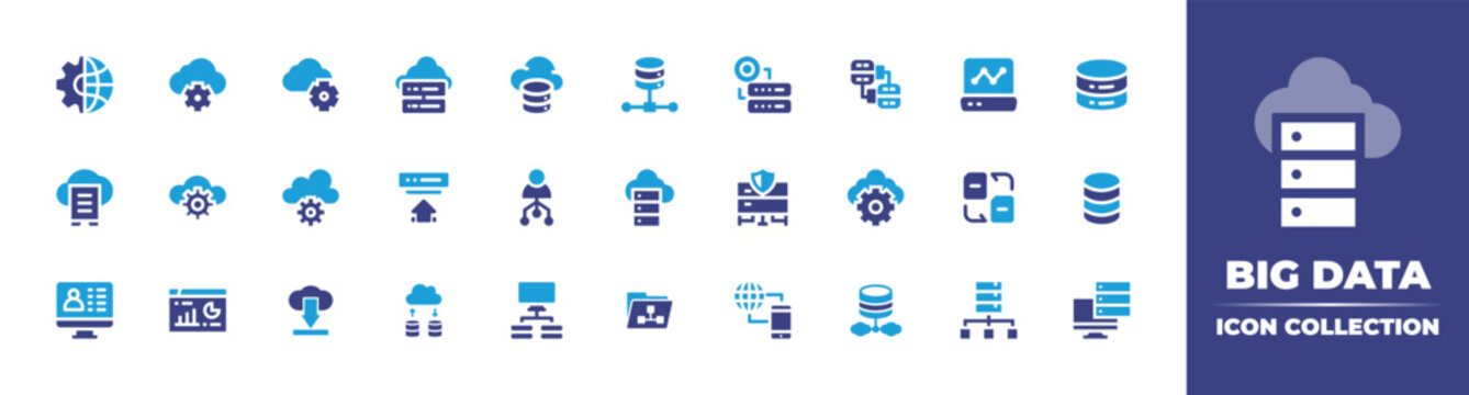 Big data icon collection. Vector illustration. Containing cloud server, backup, cloud computing, setting, internet, artificial intelligence, uploading, cloud settings, cloud data, and more.