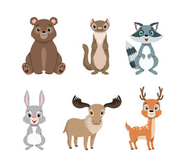 Cute Woodland Animals with Hare, Bear, Weasel, Raccoon, Elk and Deer Vector Set