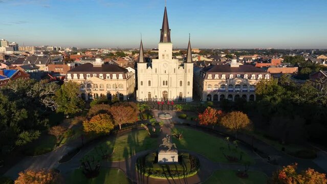 St Louis Cathedral and steeple turrets in New Orleans French Quarter. Aerial view.