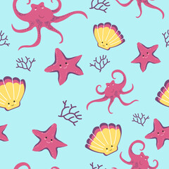 Naklejka na ściany i meble Aquarium with sea stars and shells smiling print