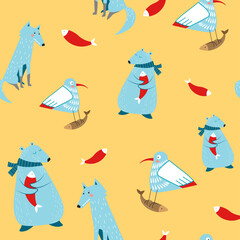 Polar bear holding fish, seagull seamless pattern
