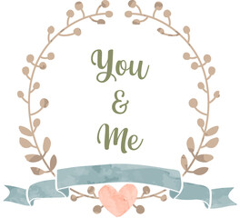 Watercolor You & me leaf wreath and ribbon