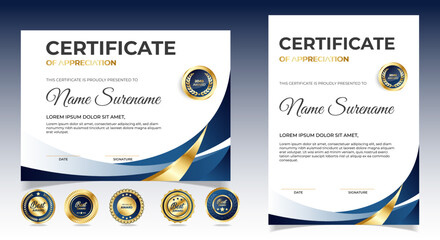 Certificate of appreciation template, gold and blue color. Clean modern certificate with gold badge. Certificate border template with luxury and modern line pattern. Diploma vector template