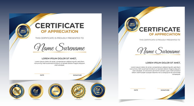 Certificate of appreciation template, gold and blue color. Clean modern certificate with gold badge. Certificate border template with luxury and modern line pattern. Diploma vector template - Powered by Adobe