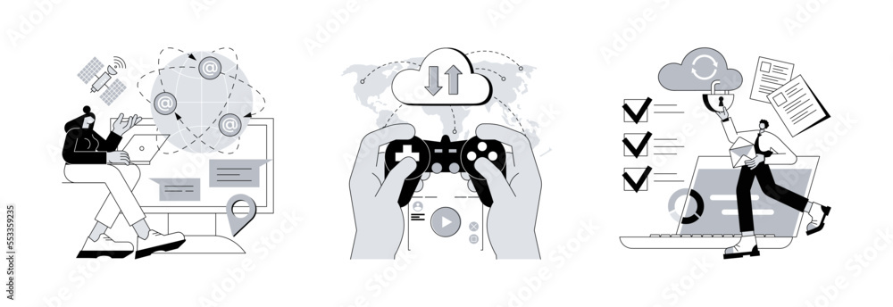 Aufkleber global web connection abstract concept vector illustration set. cloud gaming and security, cyber sec