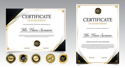 Black and gold certificate of appreciation border template with luxury badge and modern line and shapes. For award, business, and education needs. Diploma vector template