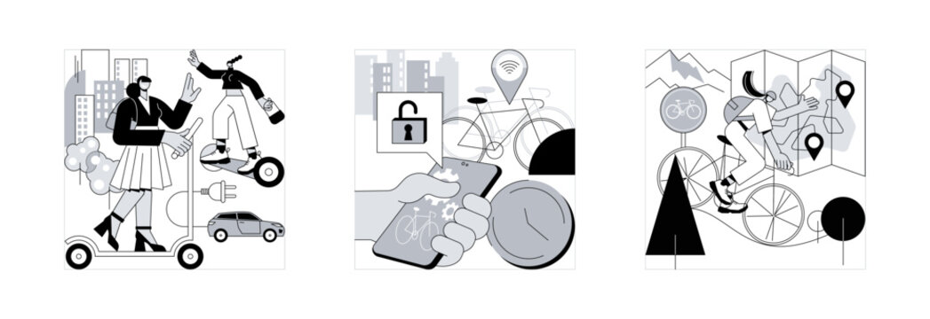 Urban transportation abstract concept vector illustration set. Personal electric transport, bike sharing, bike paths network, scooter rental application, book ride online, city map abstract metaphor.