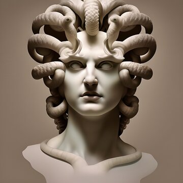 Generative AI image featuring a white marble bust of Medusa, otherwise known as Gorgo, a mythological monster slain by the hero Perseus in ancient Greek mythology.