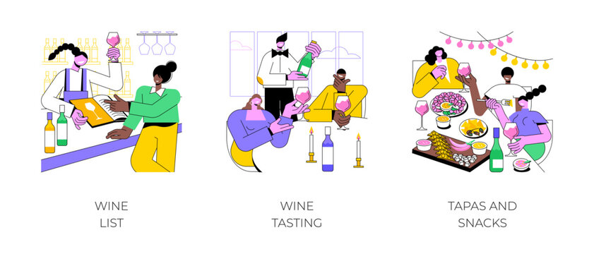 Wine bar isolated cartoon vector illustrations set. Young woman choosing drink from wine list, professional sommelier presents bottle to couple, diverse friends have tapas and snacks vector cartoon.