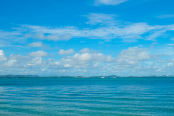 Tropical sea beach wave blue sky with fluffy cloud