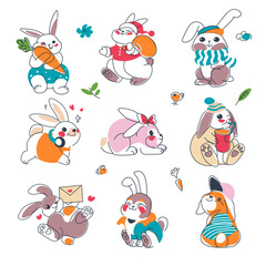 Rabbit characters, funny hares and bunnies vector