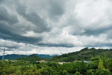 Dark sky storm cloudy greeen mountain landscape view