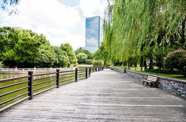 Beautiful garden with bench and pond