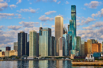 Skyline view from lake in Chicago of large buildings