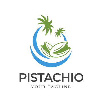 Pistachio nuts with sea and palm tree symbol, logo template. Pistachio seeds with shell, vector design. Vegetarian and organic, natural food and nutrition, design illustration