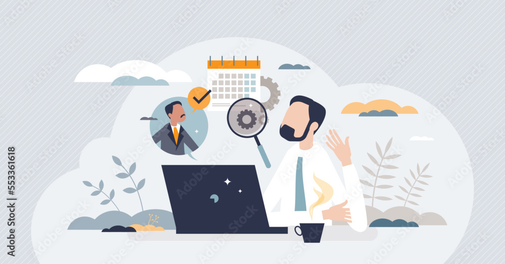 Poster management consulting with effective business time usage tiny person concept. productive planning ad