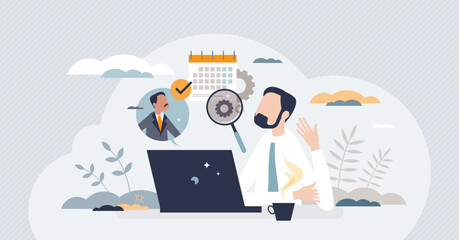 Management consulting with effective business time usage tiny person concept. Productive planning advices and organization help vector illustration. Expert knowledge about businessman performance.