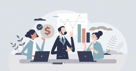 Finance fundamentals with business profit analysis tiny person concept. Company financial data calculation with statistics graph and diagram vector illustration. Investment potential money earnings.
