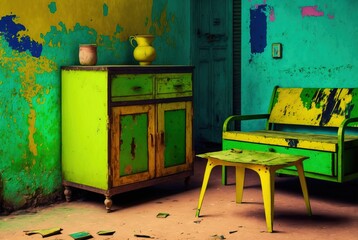 Fototapeta na wymiar Old interior living room with refurbished wooden furniture and painted in vibrant colors of green and yellow.