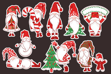 Merry Christmas vector stickers collection with cute red hand drawn gnomes, Christmas trees and decorations isolated on dark background. Illustration set for card, print, banner, tags, planner