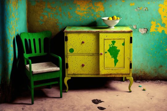 Old Interior Living Room With Refurbished Wooden Furniture And Painted In Vibrant Colors Of Green And Yellow.