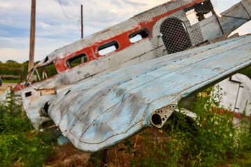 End of wing on completely destroyed and abandoned airplane in field - Powered by Adobe