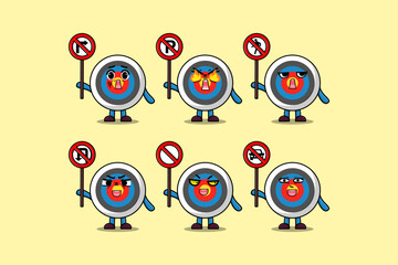 Cute Archery target cartoon character holding traffic sign illustration in modern 3d style design