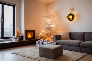 Interior of bright modern living room with fireplace, chandelier and comfortable sofa decorated with Christmas tree and gifts