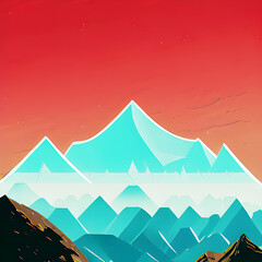 Blue Winter Glass Mountain Sunset - Cartoon Landscape Art
