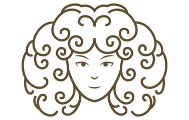 Beautiful Curly Hair Women Logo Design Template. Female Head With Line Style