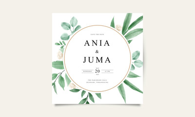 Wedding card template set with watercolor green leaves