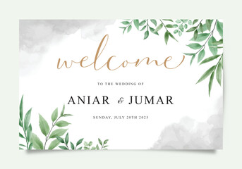 Welcome wedding sign card template with beautiful watercolor leaves