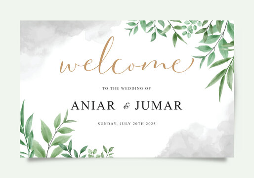 Welcome Wedding Sign Card Template With Beautiful Watercolor Leaves