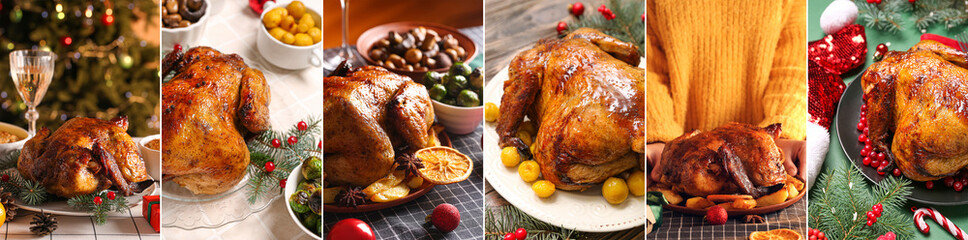 Collection of tasty baked chicken for Christmas dinner on table, closeup
