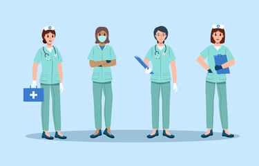 Lady nurses with green uniform hold medical bag and chart . Cartoon characters flat design . Vector .