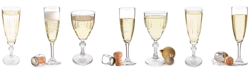 Many glasses of champagne on white background